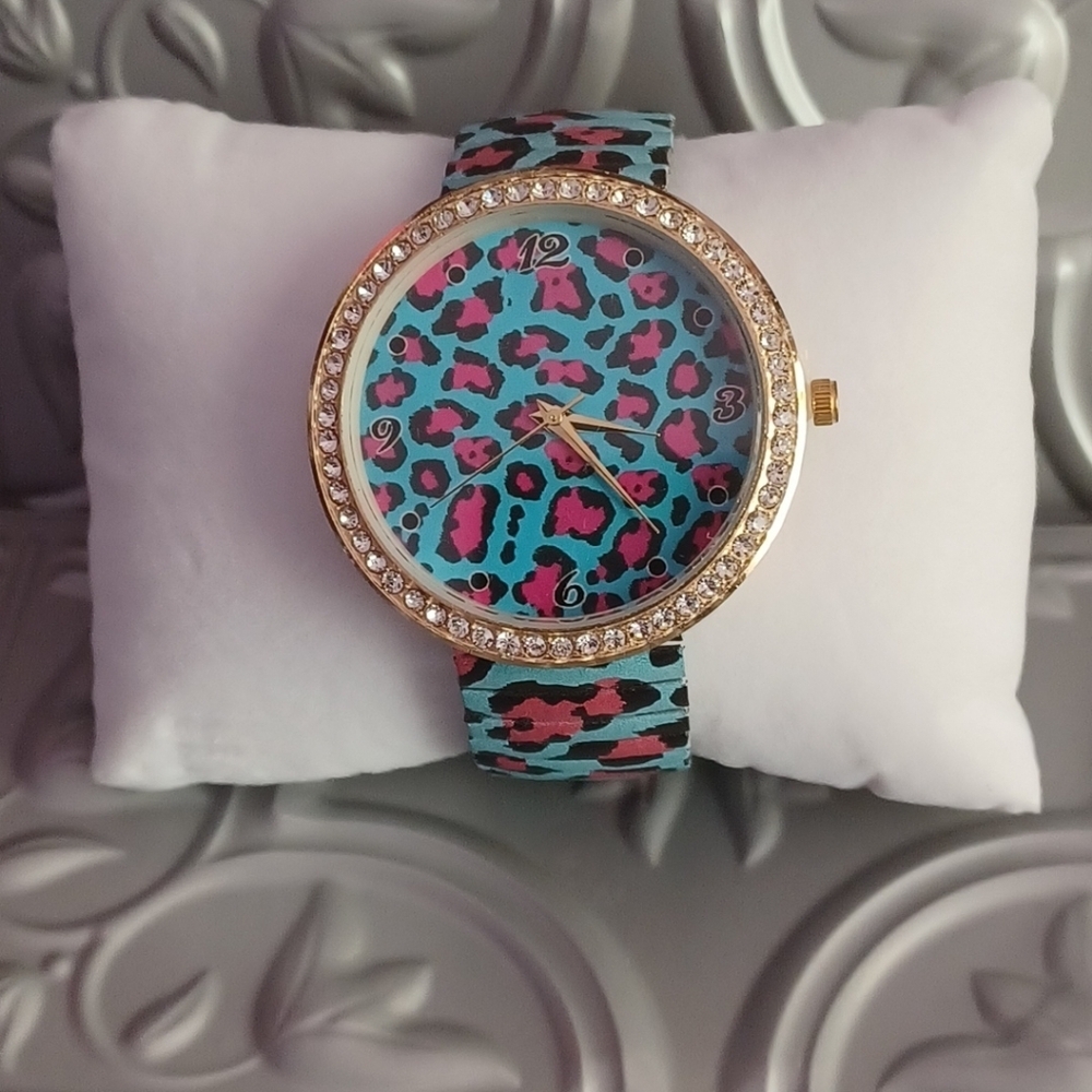 Strada Blue and Pink Leopard Print Watch with Gold Trim